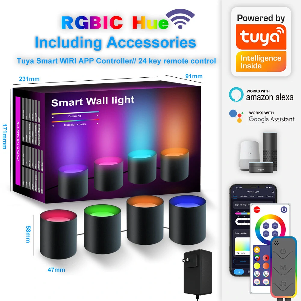 (image for) 4/6 Pack TUYA WIFI Smart Wall Lamp RGB Music Sync LED Modern Decor Downlight Simple Wall Light Work With Alexa Google Assistant