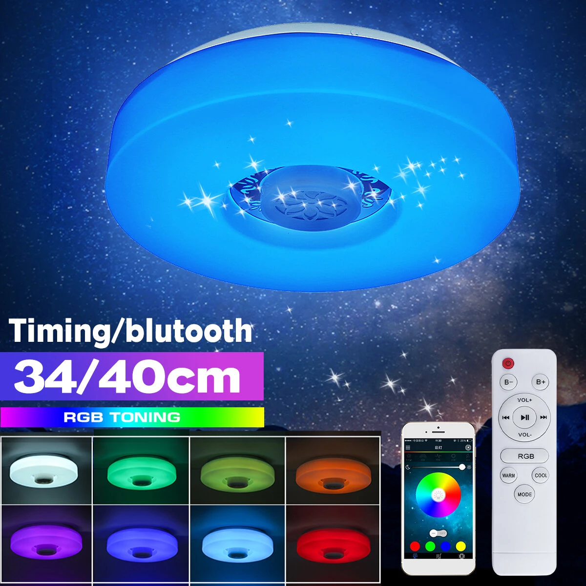 (image for) Bluetooth LED Ceiling Light RGB 3D Surround Sound Music Dimmable Lamp APP Remote